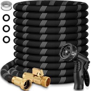 lot 11591 image: 50 ft Flexible Garden Hose with 10 Spray Nozzle-Heavy Duty Superior Strength 96D Material Garden hoses -5-Layer PTE Latex Core - Lightweight Water hoses- Extra Strong Brass Connectors Garden hose