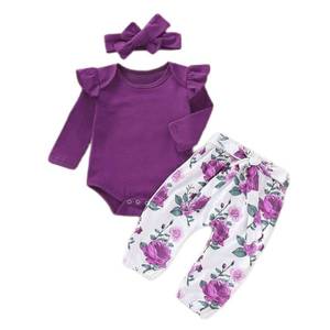 lot 12007 image: Aoswep Newborn Baby Girl Clothes, Infant Girl Outfits Long Sleeve Ruffle Romper  Floral Pants  Headband Set (6-9 Months,Purple)