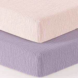 lot 12037 image: Bearmoss Muslin Mini Crib Sheets for Pack N Play Mattress - 100% Cotton - 38x26 Soft Breathable Playard Baby Crib Sheets Neutral for Boys Girls - 2 Pack (Pink Purple)