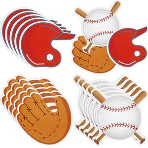 lot 12050 image: Gejoy 90 Pieces Baseball Cutouts for Bulletin Board Baseball Paper Cutouts Gloves Hat Ball Cut Outs for Sports Theme Birthday Party Decorations, 3 Styles and 4.7 Inch Long