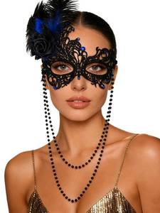 lot 12051 image: Yalice Luxury Black Masquerade Lace Mask for Women 1920s Feather Venetian Costume Masks with Strand Pearl (Blue)