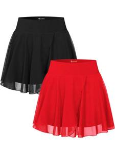 lot 12074 image: OOQ Women Skirts 2 Pack 2 in 1 Flowy Mesh High-Waisted Basic Versatile Casual Mini Flare Skirt with Pockets Black Red (Missing Black)