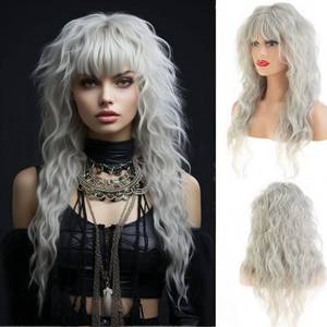 lot 12077 image: Wiwige Long Curly Wavy Women Wig with Bangs Synthetic Heat Resistant Halloween Cosplay Party Hair Wig,Grey