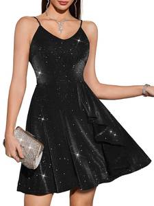 lot 12104 image: Timormode Womens Sparkly Prom Dress Spaghetti Straps Short A-line Flowy Cocktail Dresses Sequin Backless Club Party Dress Homecoming 2025 TMD6003 Black XL