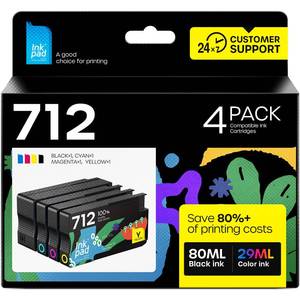 lot 12118 image: iNKPAD 712XL Ink Cartridges Compatible Replacement for HP 712XL 712 Ink Cartridges Combo Pack for HP DesignJet T210 T630 T650 T250 T230 Printer (4 Pack, 80-ml Black  29-ml CyanMagentaYellow)