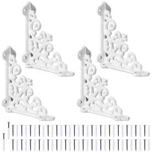 lot 12119 image: Blulu 4 Pack Decorative Shelf Brackets, Cast Iron Brackets 3 78 x 3 78 Heavy Duty Metal Shelving Bracket for Bookshelf Wall Mount, Antique Style L Shelf Bracket for DIY Floating Shelves(White)