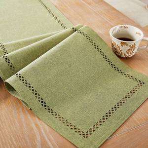 lot 12349 image: Aoztio Burlap Style Farmhouse Table Runner, 13 x 72 Inch Sage Green, Rustic Geometric Hollow Table Runners 72 Inches Long for Dresser Table Everyday Use, 13x72 Inches, Sage Green