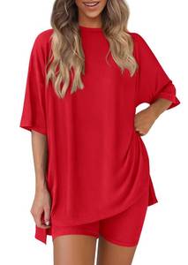 lot 12352 image: PRETTYGARDEN Women 2 Piece Lounge Set 2026 Summer Casual Oversized Shirts Biker Shorts Matching Airport Travel Outfit Clothes (Red,XX-Large)