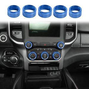 lot 12372 image: Voodonala for Dodge RAM Aluminum Center Console AC Radio Switch Knob Cover for 2018-2026 RAM Interior Accessories, 5pcs Blue