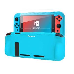 lot 12390 image: Teyomi Protective Silicone Case for Nintendo Switch, Grip Cover with Tempered Glass Screen Protector, 2 Storage Slots for Game Cards, Shock-Absorption & Anti-Scratch (Blue)