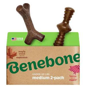 lot 12410 image: Benebone 2-Pack MaplestickZaggler Durable Dog Chew Toys, Real Maplewood, Real Bacon, Made in USA Medium