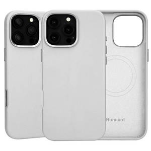 lot 12413 image: Rumwot for iPhone 16 Pro Max Leather Case Compatible with MagSafe Gray White  Full Grain Genuine Leather  Wireless Charging  Metal Buttons Camera Bezel  Slim Fit  Drop and Scrat