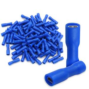lot 12423 image: Baomain 100-Pack 0.11 Female Quick Disconnect Spade Terminals, 16-14 AWG 2.8mm, Fully Insulated Crimp Connectors Blue