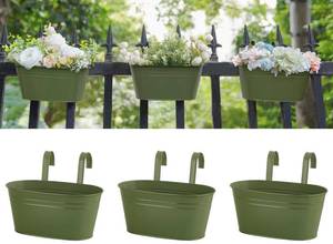 lot 12439 image: Dahey 10.5 Inch Metal Iron Hanging Flower Pots for Railing Fence Hanging Bucket Pots Countryside Style Outdoor Planter Window Flower Plant Holder with Detachable Hooks Home Decor,Green,3 Pcs