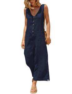 lot 12451 image: Yeokou Women Button Down Jumpsuits Cotton Linen Sleeveless Casual Wide Legs Rompers Loose Overall With Pockets(Navy-M)