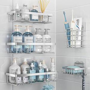 lot 12454 image: Liuoud 5 Pack Shower Caddy Organizer Rack Shelf for Inside Shower, Self Adhesive Bathroom Wall Storage Basket Rustproof Stainless Steel Large Capacity Shampoo Holder, Silver