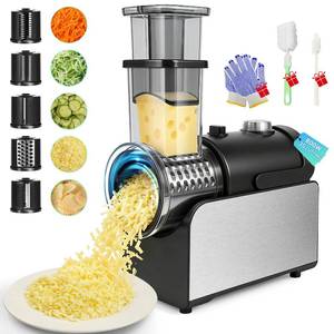 lot 13729 image: 5-IN-1 Electric Cheese Grater, 800W Stainless Steel Electric Salad Machine, 3S Efficient Cutting, Electric Cheese Grater for Block Cheese, Potato, Carrot, Cabbage, Fruits, Nuts��Silver��