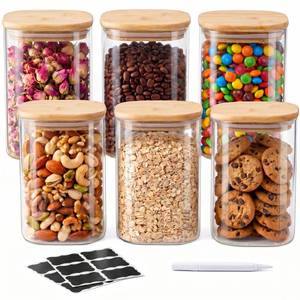 lot 13731 image: SENTVEND 37 Oz Glass Storage Jars with Bamboo Lids - 6 Pack Clear Glass Canisters Square Airtight Stackable Ideal for Pantry Storage Containers Organizers Great for Storing Oats Coffee Beans Nuts etc