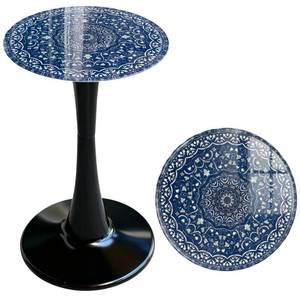 lot 13742 image: Simmer Stone 13.4 Outdoor Side Table, Round Patio Bistro Table Printed Tempered Glass Top, Waterproof Rust-Proof Base, Small Plant Stand for Balcony, Garden, Deck, 21.6 H (Blue Maze)