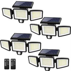 lot 13751 image: Tuffenough Solar Outdoor Lights 2500LM 210 LED Security Lights with Remote Control,3 Heads Motion Sensor Lights, IP65 Waterproof,270° Wide Angle Flood Wall Lights with 3 Modes(4 Pack)