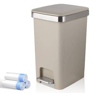 lot 13761 image: Small Bathroom Trash Can with Lid and 3 Rolls Trash Bags, Step Pedal Wastebasket Plastic Garbage Can with Pop-Up Lid 2.6 Gallon Bin for Kitchen, Bedroom, Office, Dorm, Laundry, Toilet, Rv,Khaki