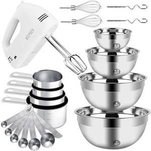 lot 13763 image: WEPSEN Hand Mixer Electric Mixing Bowls Set, 5 Speeds Handheld Mixer with 4 Nesting Stainless Steel Mixing Bowl, Measuring Cups Spoons 200W Kitchen Blender Whisk Beater Baking Supplies For Beginner