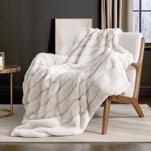 lot 13767 image: Cozy Bliss Deluxe Sheared Rabbit Faux Fur Throw Blanket, Soft Fuzzy High-Low Sculpted Plush Blanket for Couch, Cozy Home Accent, All Season Use, Beige 50x60