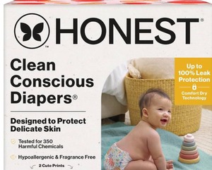 lot 13769 image: The Honest Company Comfort Dry Disposable Daytime Diapers, Hypoallergenic, Fragrance-Free, Sensitive Skin, Just Peachy  Flower Power, Super Club Box Size 6 (35 lbs), 40 Count