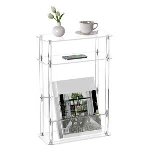 lot 13773 image: HMYHUM Acrylic Narrow End Table for Small Spaces with Magazine Holder, Slim Side Small NightstandBedside Table for Living Room, Bedroom, 3 Tier, 15.7 L x 7 W x 23 H, Clear
