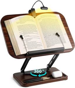 lot 13786 image: UikJOY Book Stand with Light & Storage, Book Holders for Reading Hands Free, Wooden Cookbook Stand with Adjustable Height & 360 °Angle for Recipe,Magazine,Laptop,Tablet, Bible