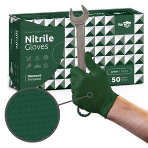lot 14214 image: WECARE Green 8 Mil Nitrile Gloves Large 50 Pack - Heavy Duty Mechanic Gloves, with Diamond Grip - Powder and Latex Free Disposable Gloves