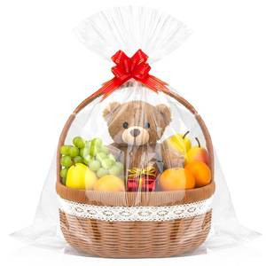 lot 14247 image: GOMANCHE 10 Pack Large Cellophane Basket Bags, 24 x 30 Inches Easter Cello Basket Wrap with 10 Pieces Pull Bow, Plastic Gift Wrapping for Easter Party Favor Supplies