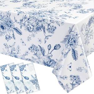 lot 14255 image: Ziliny 3 Pack Blue Floral Plastic Tablecloths 54 x 108 Inch Spring Flower Disposable Tablecloth Blue White Porcelain Table Decoration for Birthday Wedding Party Home Supplies Kitchen Picnic