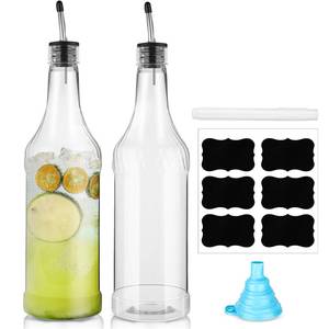 lot 14262 image: Dandat 32 oz Plastic Long Neck Bottles with Pourer and Caps Plastic Juice Pour Bottles with Stainless Steel Pourer Tapered Spout for Liquor Juice(Silver,4 Pcs)