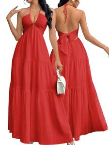 lot 14270 image: Narecte Womens Maxi Summer Dresses Halter V Neck Beach Dresses for Women A-Line Casual Dress for Vacation Red S