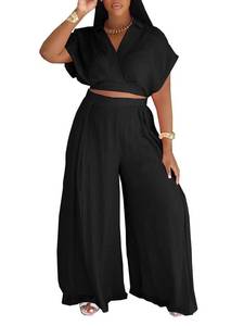 lot 14271 image: KEYUFANG Womens Casual 2 Piece Outfits Short Sleeve Cap Sleeve V Neck Tops Wide Leg Pants Sets Jumpsuits with Pockets Black M