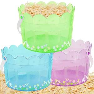 lot 14273 image: Zcaukya Easter Buckets for Egg Hunt, Set of 3 Clear Kids Easter Baskets with Handles, Empty Plastic Easter Pails for Easter Party Favors, Green, Blue, Purple