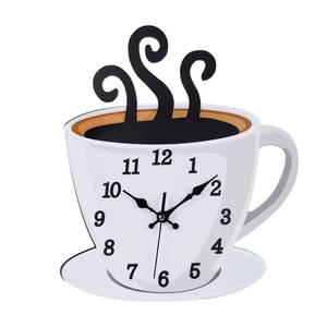lot 14284 image: Fomaris Coffee Cup Wall Clock - White Modern Farmhouse Decor, Silent Non-Ticking Battery Operated Kitchen Clock for Coffee Bar, Cafe & Restaurant, 10.2x12 Inch (Broken Top Decal, Pieces Present)