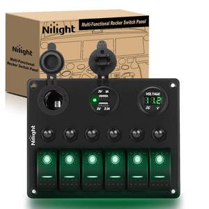 lot 14297 image: Nilight - 90123F 6 Gang ON Off Rocker Switch Panel Green Backlit 12V24V LED Digital Voltmeter Dual USB Charger Cigarette Lighter Socket Overload Protection Switch Panel For Cars RVs Boats