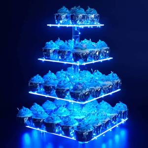 lot 14331 image: YestBuy 4 Tier Acrylic Cupcake Stand Afternoon Tea Cake Stand Large Cupcake Stand Cupcake Tower Cupcake Holder for Pastry  LED Light String Ideal for Weddings Birthday Bar Party D�cor (Blue Light)