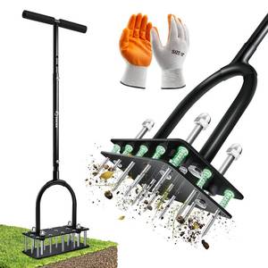 lot 15597 image: Saker Manual Lawn Aerator Tool with 15 Iron Spikes Adjustable Height, Double-Layer Spring, Heavy-Duty Iron Lawn Aerator Tool with Gloves for Loosening Soil Aerating Patio, Yard, Garden Black