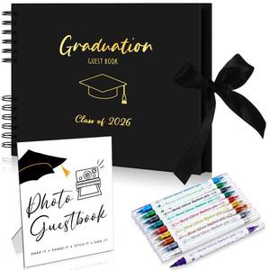 lot 15609 image: 12 Pcs 2026 Graduation Guest Book with Photo Sign Decor 80 Pages Class of 2026 Scrapbook Photo Album with 10 DIY Dual Tip Metallic Markers Pens Gift, Exclude Camere(Retro,Black,8 Inches)