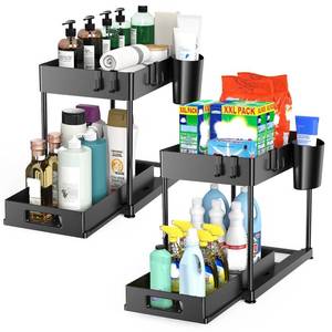 lot 15624 image: 2 Pack Under Sink Organizer with Pull-Out Drawer, 2-Tier Cabinet Storage for Kitchen & Bathroom, Tool-Free Assembly, Fits Cleaning Supplies & Toiletries, Space Saving for Small Cabinets, Black