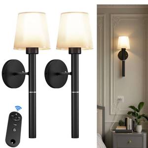 lot 15635 image: Donsis Rechargeable Wall Sconce Set of 2, Black Battery Operated Wall Sconce with Magnetic Rechargeable 5200mAh Battery Stick Dimmable and Remote, 3 Colors Wireless Lighting for Bedroom Hallway