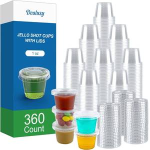 lot 15636 image: Dealusy 360 Set 1 oz Jello Shot Cups with Lids, Sturdy & Food Safe Disposable Plastic Portion Condiment Dipping Sauce Cups, Small Containers for Salad Dressing