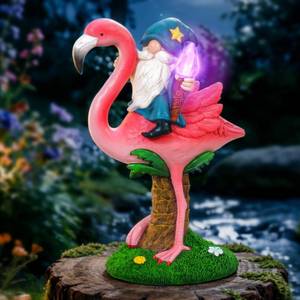lot 15640 image: Miggley Flamingo Gnome Solar Outdoor Statue - Garden, Yard, Lawn, Patio Decor - Unique Birthday Housewarming Gift for Women, Mom, Grandma