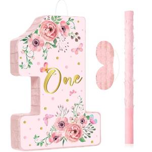 lot 15641 image: Pink Floral Pi�ata Number 1 Pi�ata Set with Blindfold, Bat and Filler for Flower Theme Gender Reveal Baby Shower Kids First Birthday Party Supplies