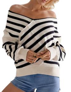 lot 16067 image: FUNTOUR People Free Sweaters, People Free Dupes, Womens Spring Striped Oversized Sweater Fashion Outfits Long Sleeve Off Shoulder Sweaters Y2K Clothes White Black Combo Size EU44
