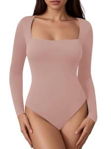 lot 16073 image: Laughido Womens Square Neck Long Sleeve Fitted Bodysuit Double Lined Fall Basic Trendy Tee Shirt Tops (Pink, Medium)