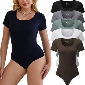 lot 16092 image: Chongbaijia 5 Pack Short Sleeve Bodysuits for Women Square Neck Casual Stretchy Basic Body Suits Tops T Shirts M